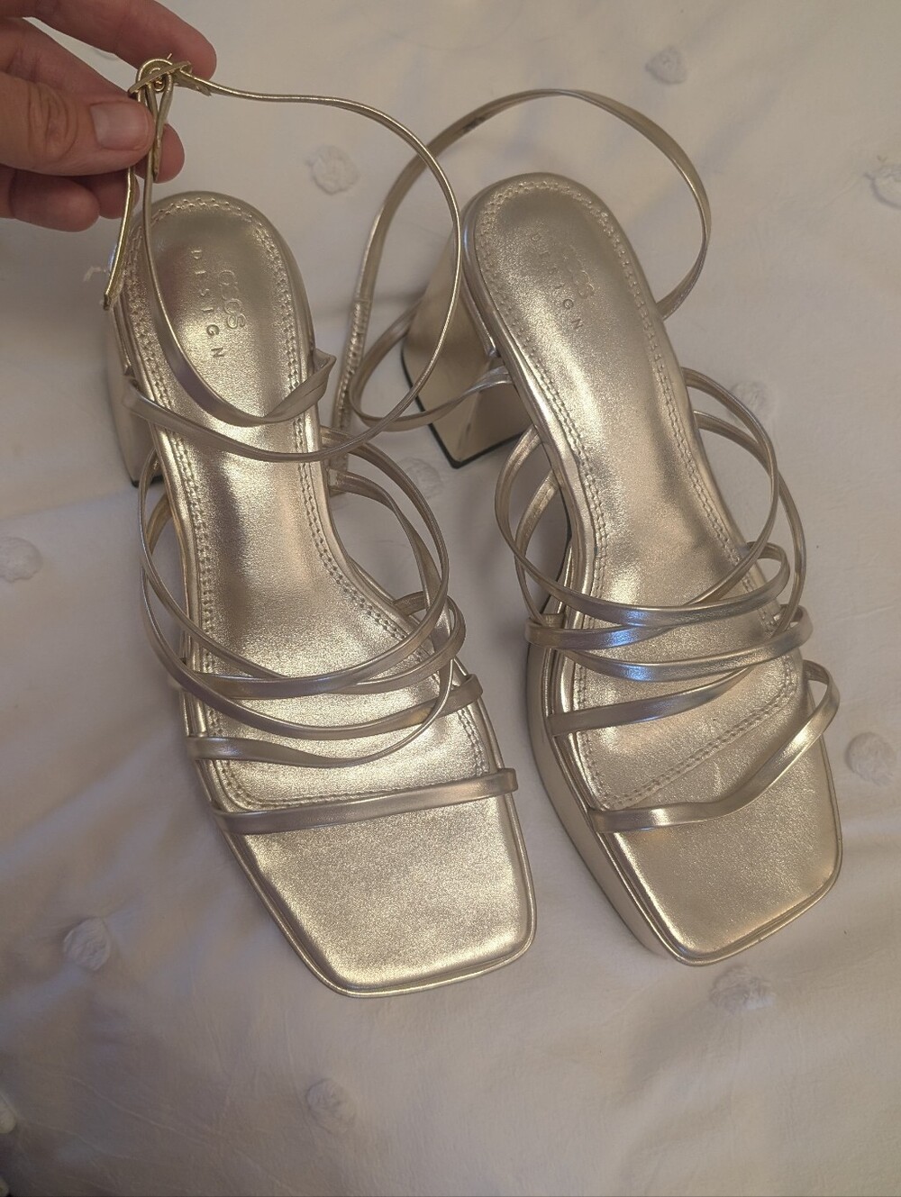 ASOS Design Gold Strappy Square Toe Block Heel Sandals